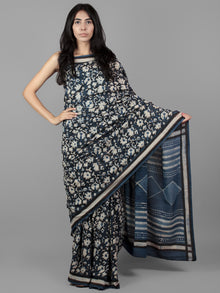 Indigo Ivory Black Bagru Dabu Hand Block Printed in Cotton Mul Saree - S031701960