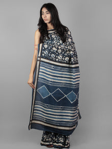 Indigo Ivory Black Bagru Dabu Hand Block Printed in Cotton Mul Saree - S031701960