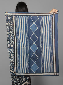 Indigo Ivory Black Bagru Dabu Hand Block Printed in Cotton Mul Saree - S031701960