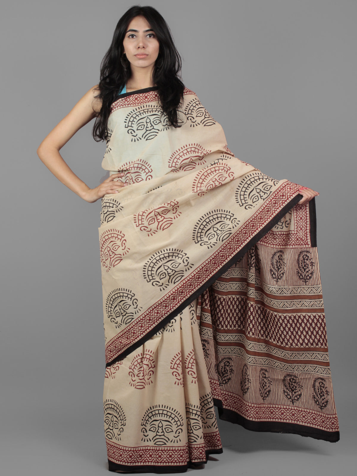 Beige Black Maroon Hand Block Printed Cotton Mul Saree - S031701961