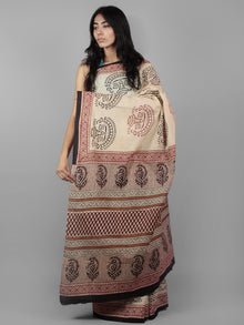 Beige Black Maroon Hand Block Printed Cotton Mul Saree - S031701961