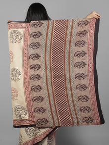 Beige Black Maroon Hand Block Printed Cotton Mul Saree - S031701961