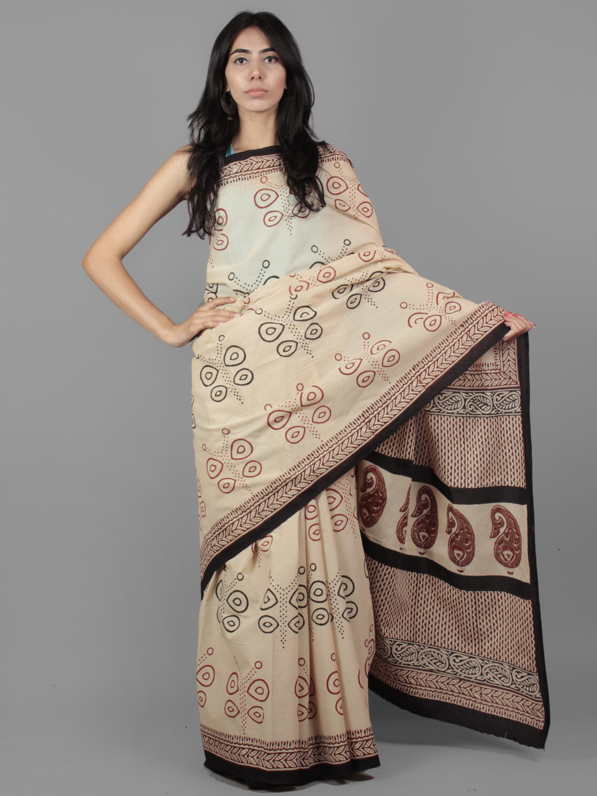 Beige Black Maroon Hand Block Printed Cotton Mul Saree - S031701962