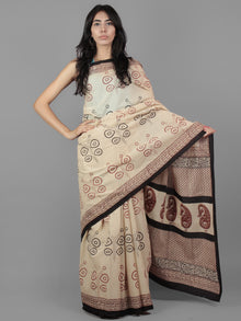 Beige Black Maroon Hand Block Printed Cotton Mul Saree - S031701962