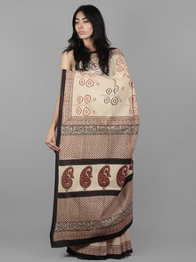 Beige Black Maroon Hand Block Printed Cotton Mul Saree - S031701962