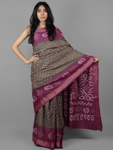 Cedar Brown Purple Ivory Hand Tie & Dye Bandhej Glace Cotton Saree With Resham Border - S031701967