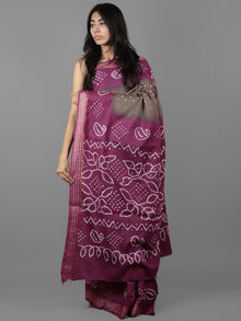 Cedar Brown Purple Ivory Hand Tie & Dye Bandhej Glace Cotton Saree With Resham Border - S031701967