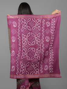 Cedar Brown Purple Ivory Hand Tie & Dye Bandhej Glace Cotton Saree With Resham Border - S031701967