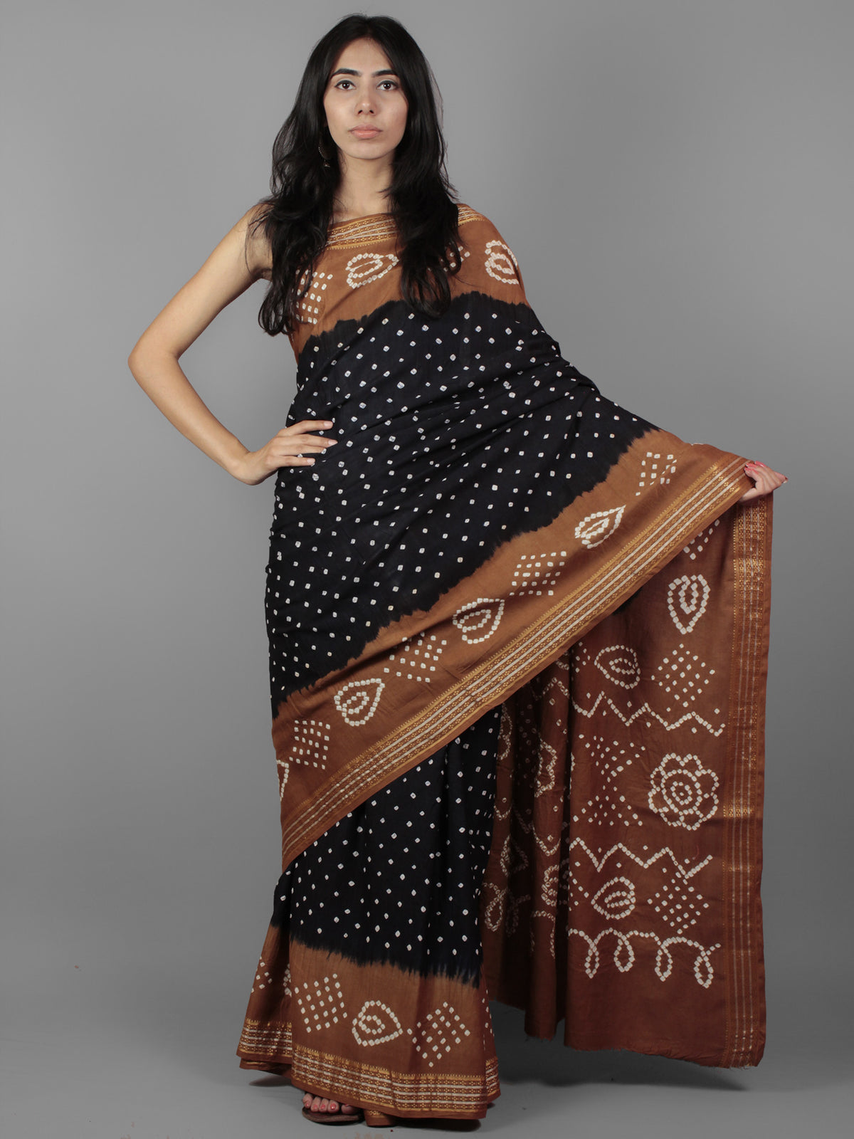 Deep Indigo Brown Ivory Hand Tie & Dye Bandhej Glace Cotton Saree With Resham Border - S031701968