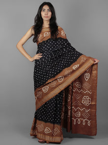 Deep Indigo Brown Ivory Hand Tie & Dye Bandhej Glace Cotton Saree With Resham Border - S031701968