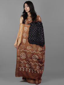 Deep Indigo Brown Ivory Hand Tie & Dye Bandhej Glace Cotton Saree With Resham Border - S031701968