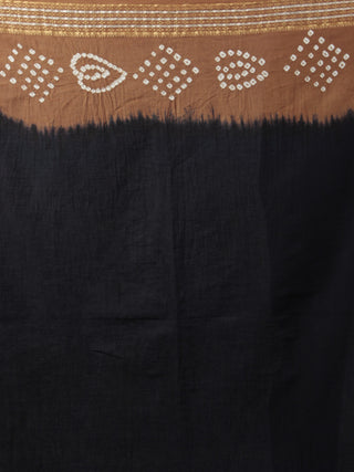 Deep Indigo Brown Ivory Hand Tie & Dye Bandhej Glace Cotton Saree With Resham Border - S031701968