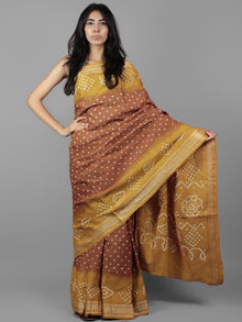 Brown Mustard Ivory Hand Tie & Dye Bandhej Glace Cotton Saree With Resham Border - S031701969