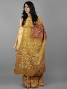 Brown Mustard Ivory Hand Tie & Dye Bandhej Glace Cotton Saree With Resham Border - S031701969
