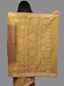 Brown Mustard Ivory Hand Tie & Dye Bandhej Glace Cotton Saree With Resham Border - S031701969