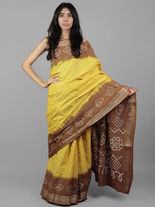 Brown Yellow Ivory Hand Tie & Dye Bandhej Glace Cotton Saree With Resham Border - S031701971