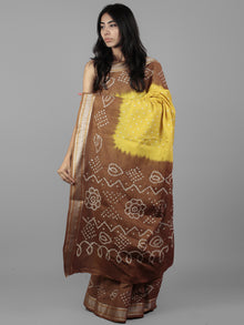 Brown Yellow Ivory Hand Tie & Dye Bandhej Glace Cotton Saree With Resham Border - S031701971