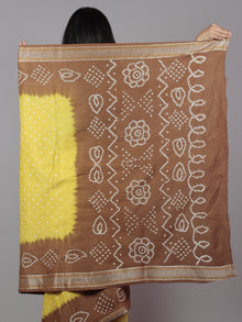 Brown Yellow Ivory Hand Tie & Dye Bandhej Glace Cotton Saree With Resham Border - S031701971