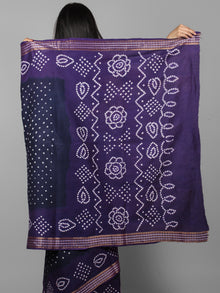 Royal Blue Purple Ivory Hand Tie & Dye Bandhej Glace Cotton Saree With Resham Border - S031701972