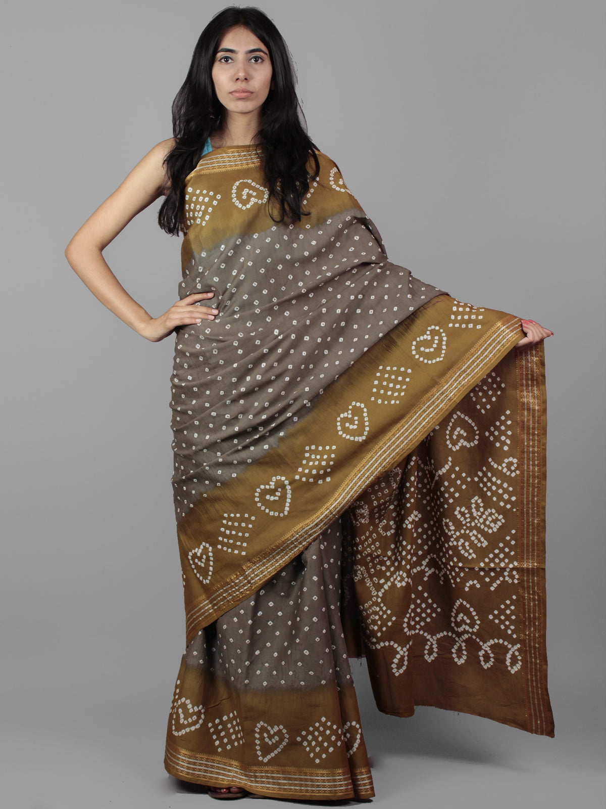 Grey Brown Ivory Hand Tie & Dye Bandhej Glace Cotton Saree With Resham Border - S031701975