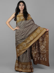 Grey Brown Ivory Hand Tie & Dye Bandhej Glace Cotton Saree With Resham Border - S031701975