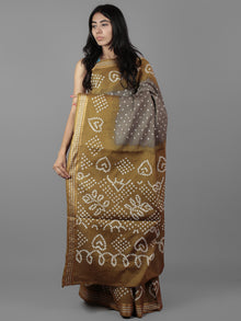 Grey Brown Ivory Hand Tie & Dye Bandhej Glace Cotton Saree With Resham Border - S031701975