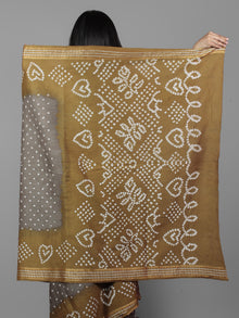 Grey Brown Ivory Hand Tie & Dye Bandhej Glace Cotton Saree With Resham Border - S031701975