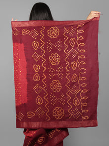 Red Maroon Yellow Hand Tie & Dye Bandhej Glace Cotton Saree With Resham Border - S031701976