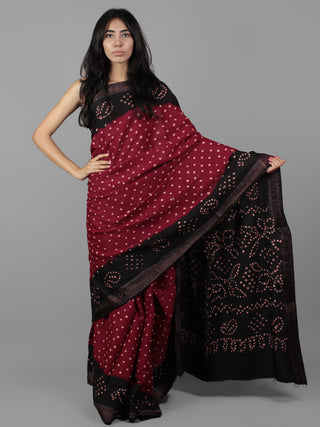 Maroon Dark Brown Ivory Hand Tie & Dye Bandhej Glace Cotton Saree With Resham Border - S031701978