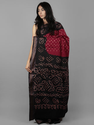 Maroon Dark Brown Ivory Hand Tie & Dye Bandhej Glace Cotton Saree With Resham Border - S031701978