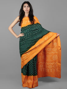 Green Orange Ivory Hand Tie & Dye Bandhej Glace Cotton Saree With Resham Border - S031701979