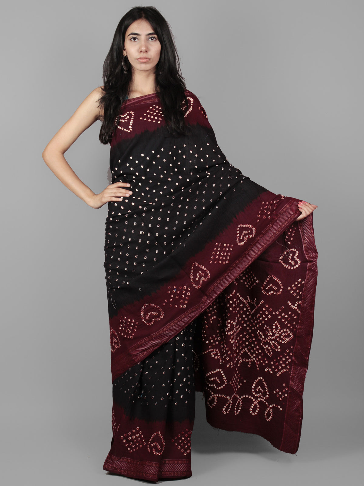 Black Maroon Ivory Hand Tie & Dye Bandhej Glace Cotton Saree With Resham Border - S031701980