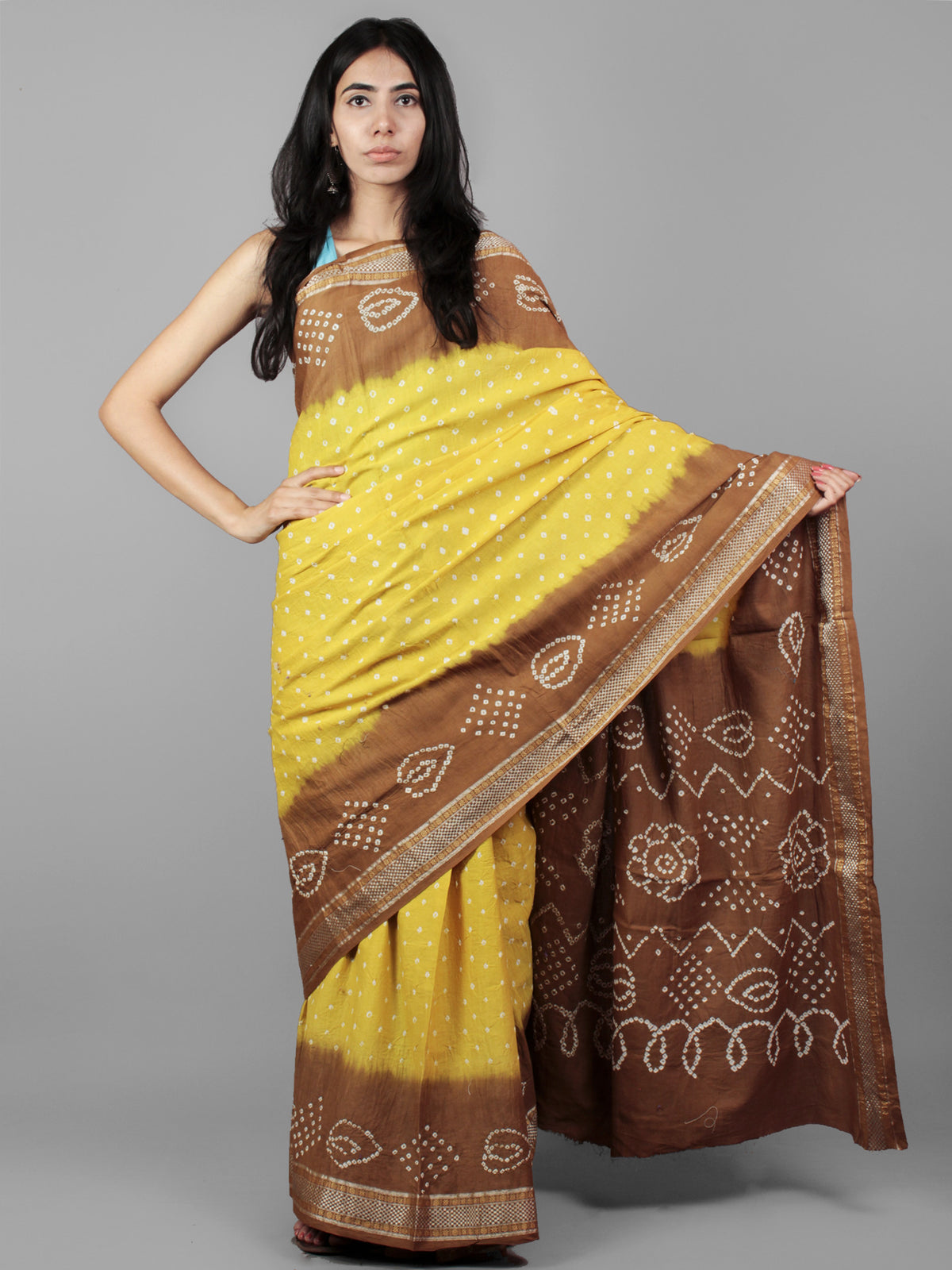 Yellow Brown Ivory Hand Tie & Dye Bandhej Glace Cotton Saree With Resham Border - S031701981
