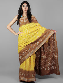 Yellow Brown Ivory Hand Tie & Dye Bandhej Glace Cotton Saree With Resham Border - S031701981