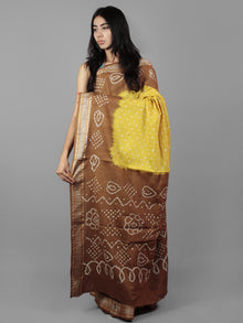 Yellow Brown Ivory Hand Tie & Dye Bandhej Glace Cotton Saree With Resham Border - S031701981
