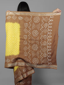 Yellow Brown Ivory Hand Tie & Dye Bandhej Glace Cotton Saree With Resham Border - S031701981