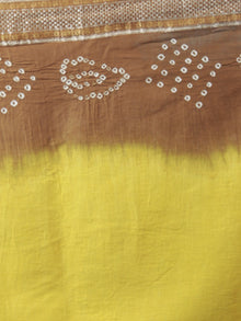 Yellow Brown Ivory Hand Tie & Dye Bandhej Glace Cotton Saree With Resham Border - S031701981