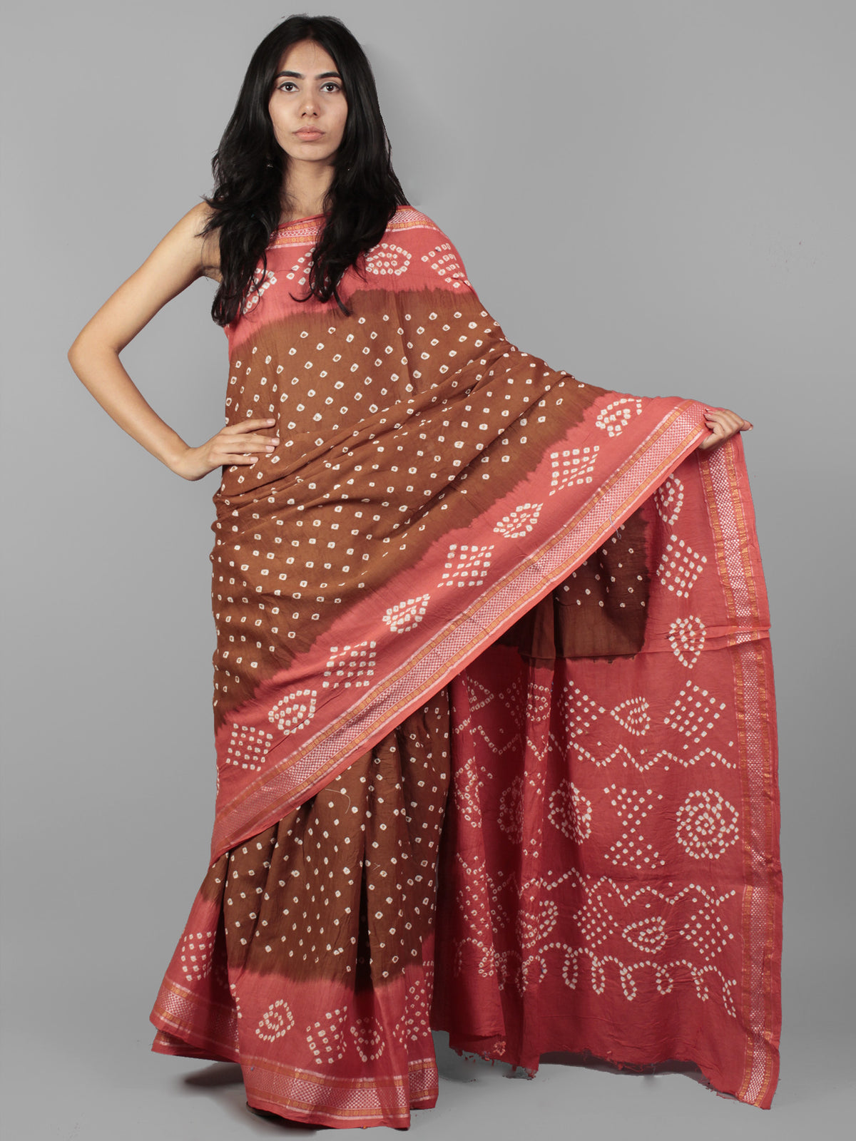 Brown Peach Ivory Hand Tie & Dye Bandhej Glace Cotton Saree With Resham Border - S031701982