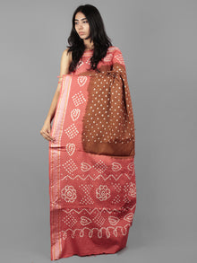 Brown Peach Ivory Hand Tie & Dye Bandhej Glace Cotton Saree With Resham Border - S031701982