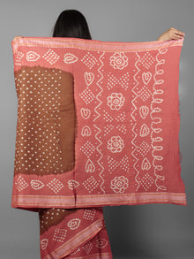 Brown Peach Ivory Hand Tie & Dye Bandhej Glace Cotton Saree With Resham Border - S031701982