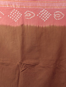 Brown Peach Ivory Hand Tie & Dye Bandhej Glace Cotton Saree With Resham Border - S031701982