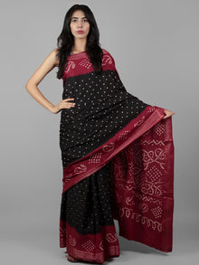 Black Maroon Ivory Hand Tie & Dye Bandhej Glace Cotton Saree With Resham Border - S031701984