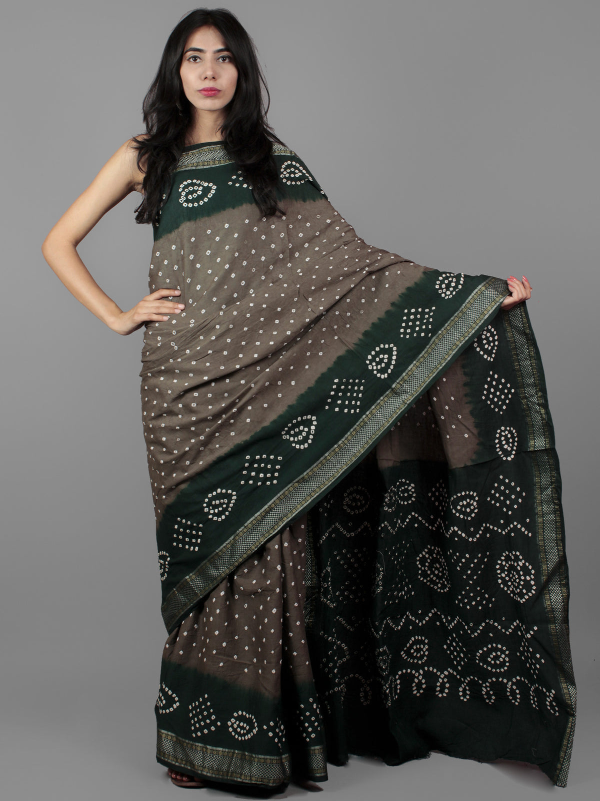 Grey Green Ivory Hand Tie & Dye Bandhej Glace Cotton Saree With Resham Border - S031701985