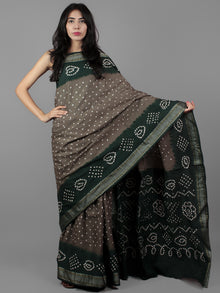 Grey Green Ivory Hand Tie & Dye Bandhej Glace Cotton Saree With Resham Border - S031701985
