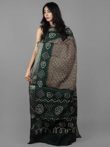 Grey Green Ivory Hand Tie & Dye Bandhej Glace Cotton Saree With Resham Border - S031701985