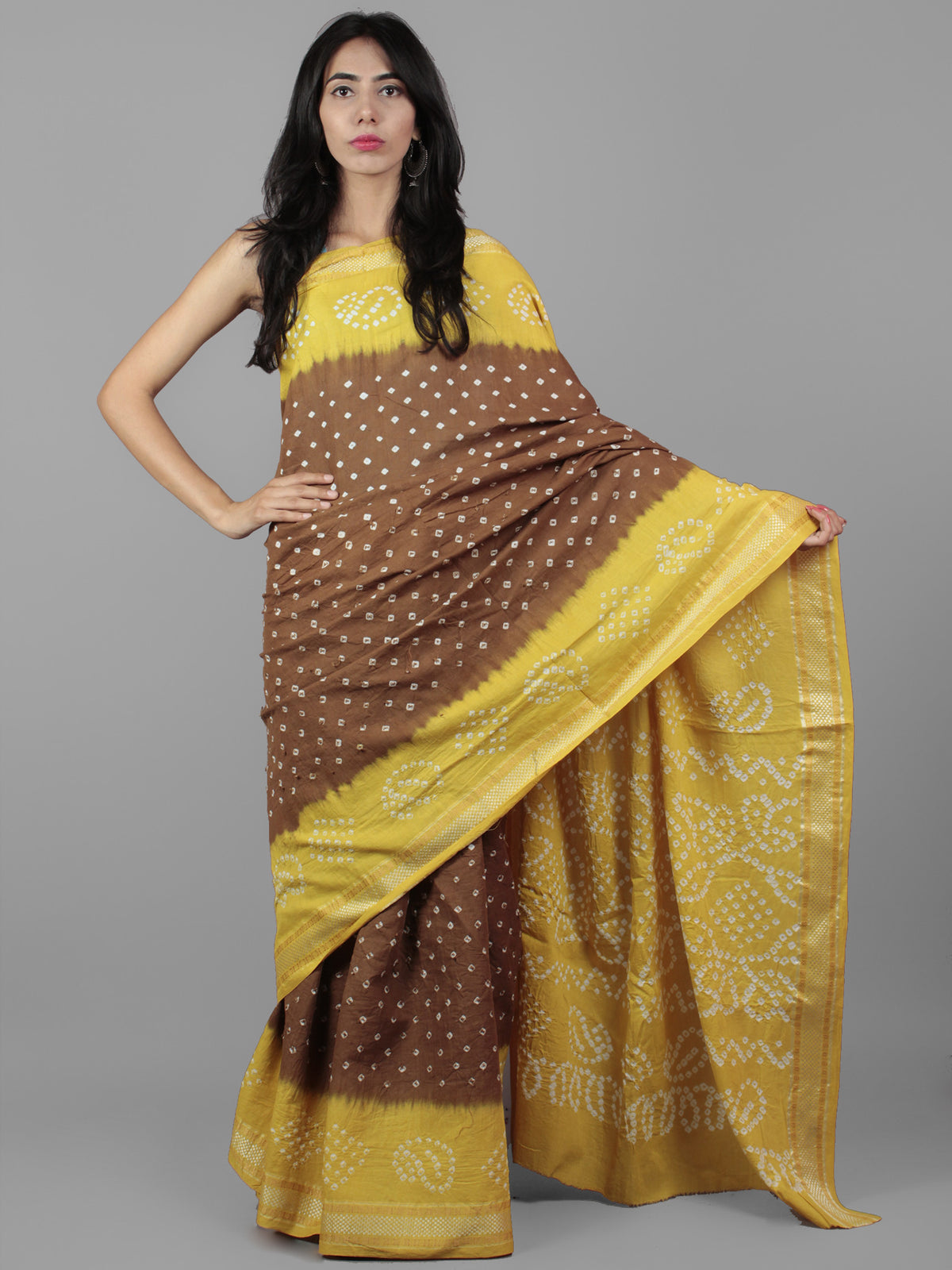 Brown Yellow Ivory Hand Tie & Dye Bandhej Glace Cotton Saree With Resham Border - S031701986