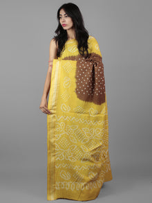 Brown Yellow Ivory Hand Tie & Dye Bandhej Glace Cotton Saree With Resham Border - S031701986
