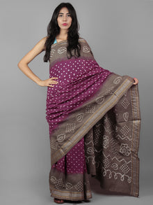 Purple Cedar Brown Ivory Hand Tie & Dye Bandhej Glace Cotton Saree With Resham Border - S031701988