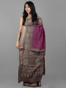 Purple Cedar Brown Ivory Hand Tie & Dye Bandhej Glace Cotton Saree With Resham Border - S031701988