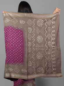 Purple Cedar Brown Ivory Hand Tie & Dye Bandhej Glace Cotton Saree With Resham Border - S031701988